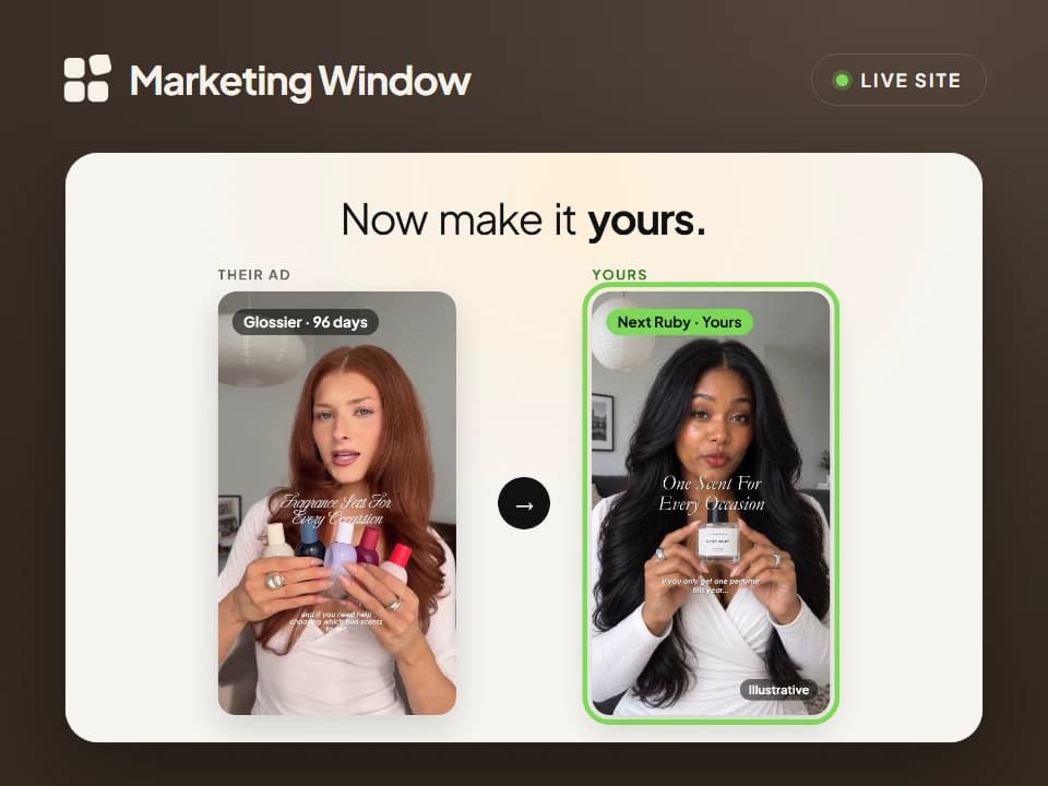 From the Marketing Window ad: a Glossier ad that has run 96 days, beside Next Ruby’s version on the same structure, outlined in green and labelled illustrative