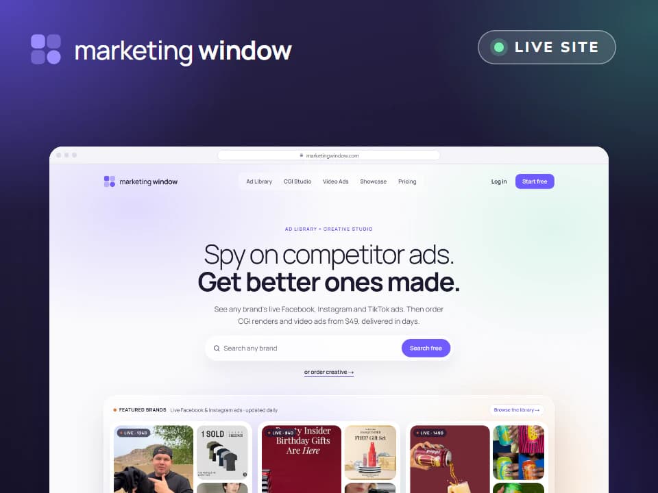 The live Marketing Window home page in a browser, on the product’s own dark band
